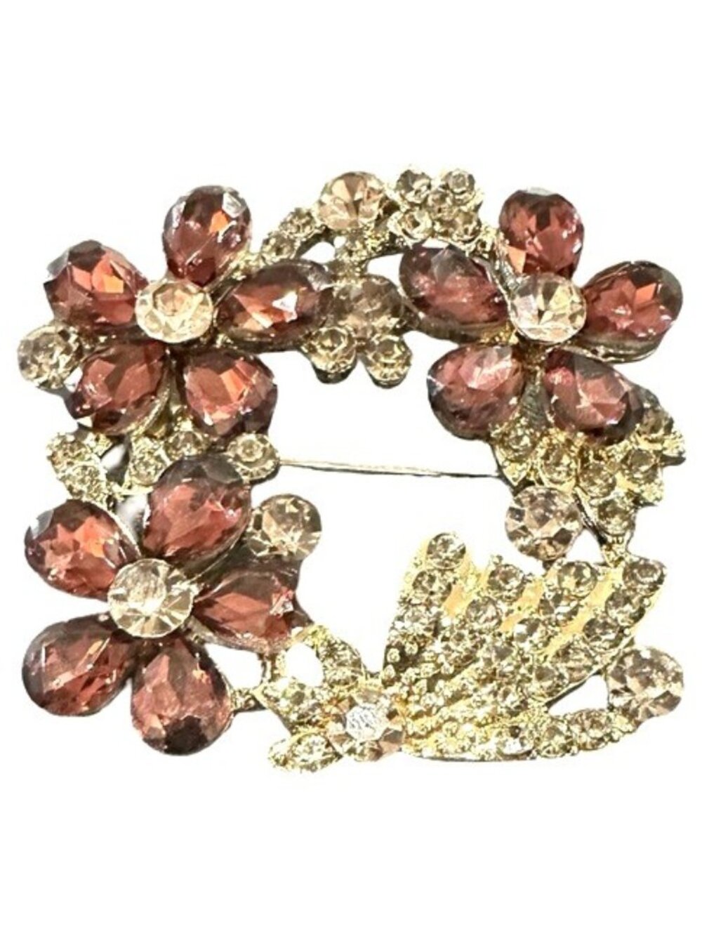 Vintage Brooch Flower Wreath Floral Pink Light Purple Colorless Crystal Rhinesto